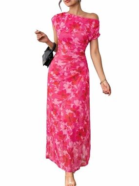 Women's Pink Floral Cap-Sleeve Maxi Dress